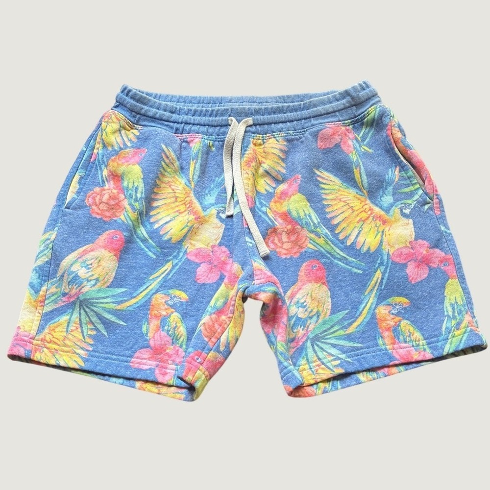 Chubbies Mens 7" Inseam Sweat Shorts Blue Parrot Tropical Print Medium Faded